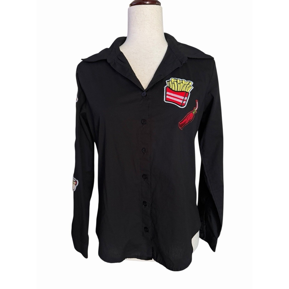 Black Pop‎ Art Fast Food Button-Up Shirt Sz Small Patches Kitsch Retro Novelty